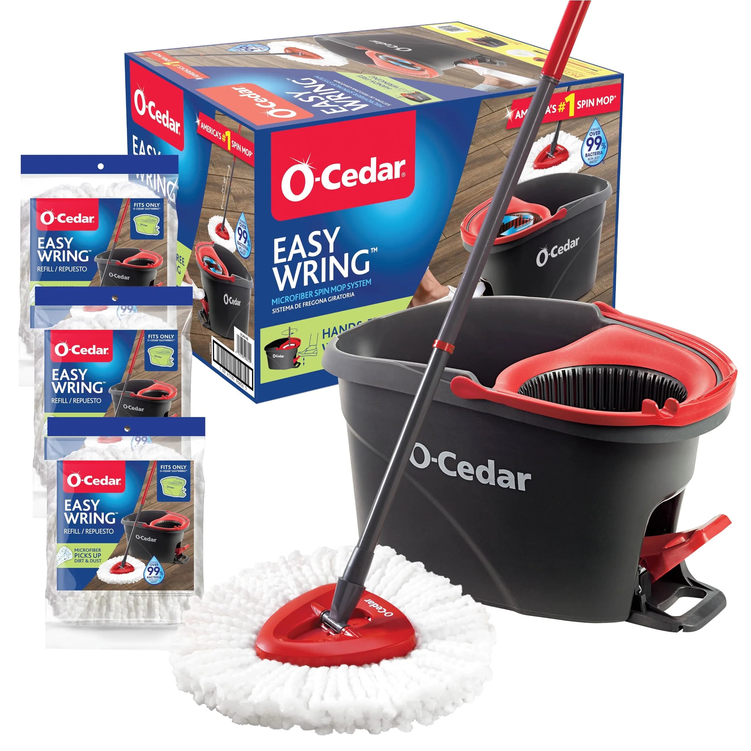 O-Cedar EasyWring Microfiber Spin Mop & Bucket Floor Cleaning System with 4 Mop Heads | Removes 99% Bacteria with Water — Multicolor