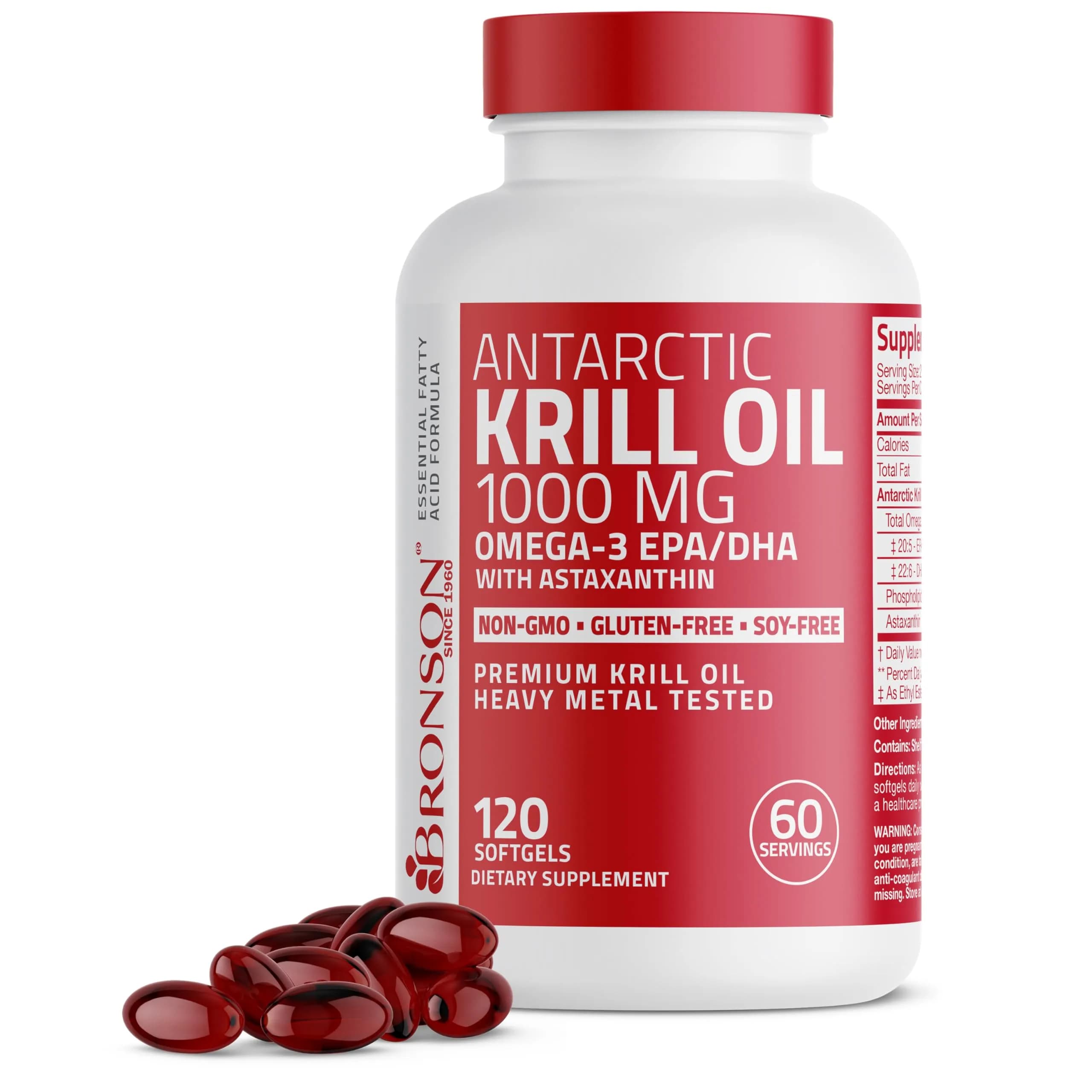 Bronson Antarctic Krill Oil 1000 mg with Omega-3s, 120 Softgels | Pure Antarctic Krill Oil for Heart & Eye Health — Softgel