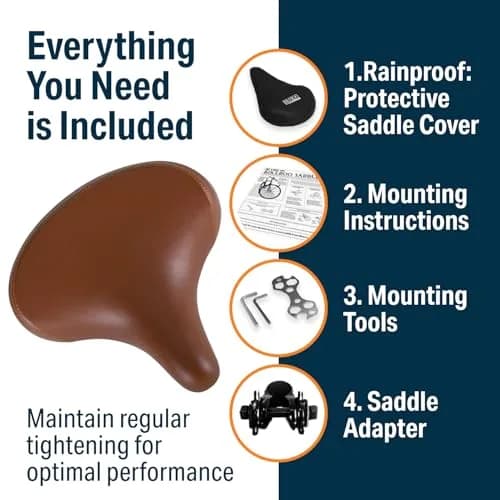 Bikeroo Wide Cruiser Saddle Vintage Brown | Comfort Seat for All Bicycles, Steel Spring & Elastomer Suspension, Memory Foam (10.2" x 10.2") thumbnail 4