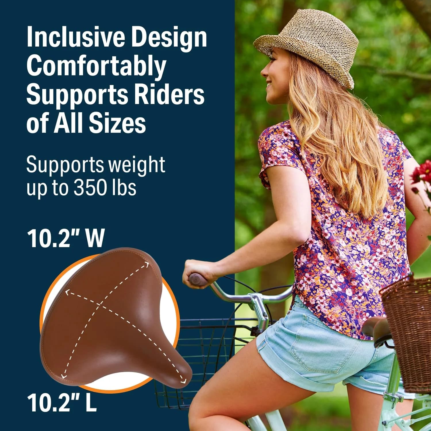 Bikeroo Wide Cruiser Saddle Vintage Brown | Comfort Seat for All Bicycles, Steel Spring & Elastomer Suspension, Memory Foam (10.2" x 10.2") - view 5