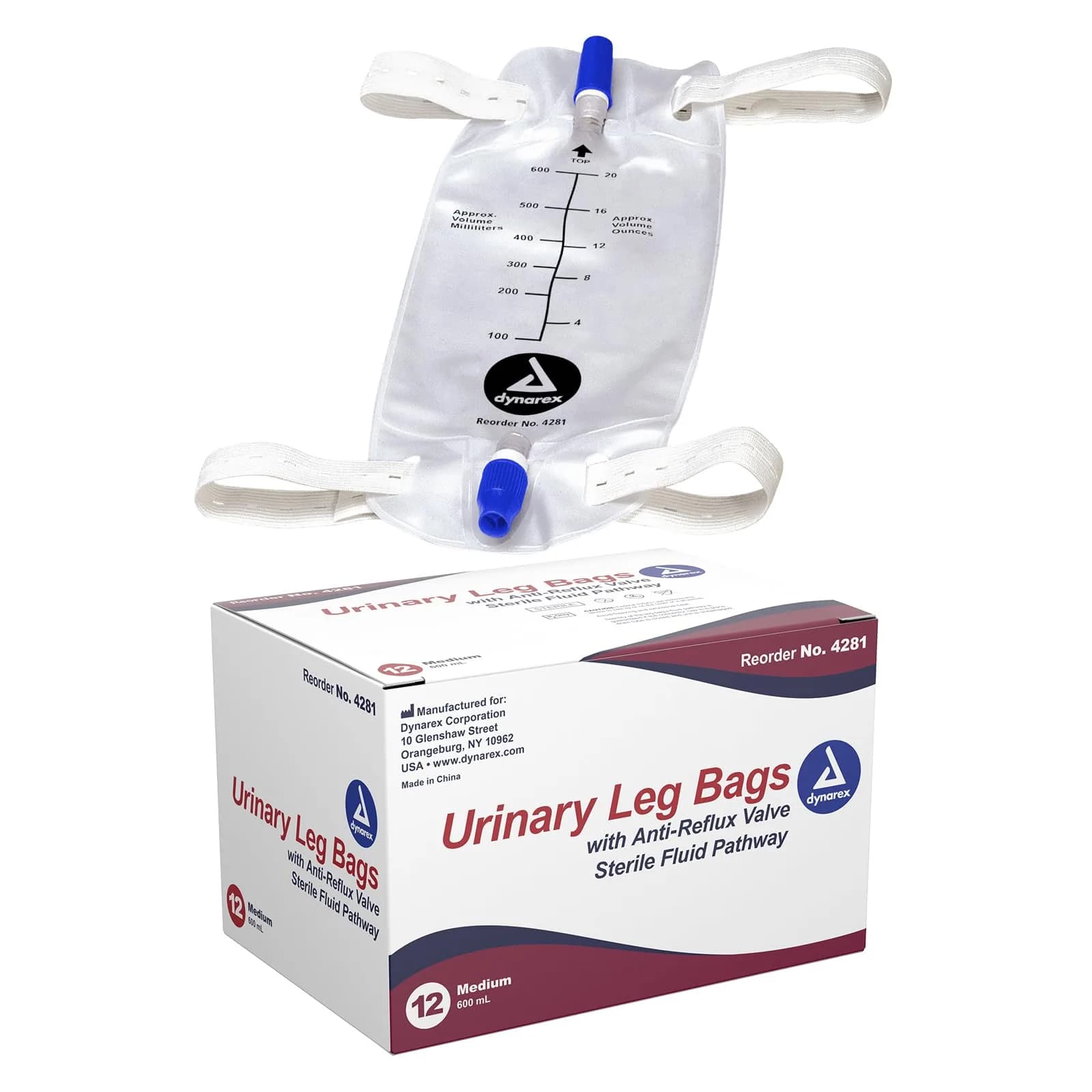 Dynarex Urinary Leg Bag 600 ml | Non-Drip Closure & Anti-Reflux Valve for Catheter, White, 12 Pack — White