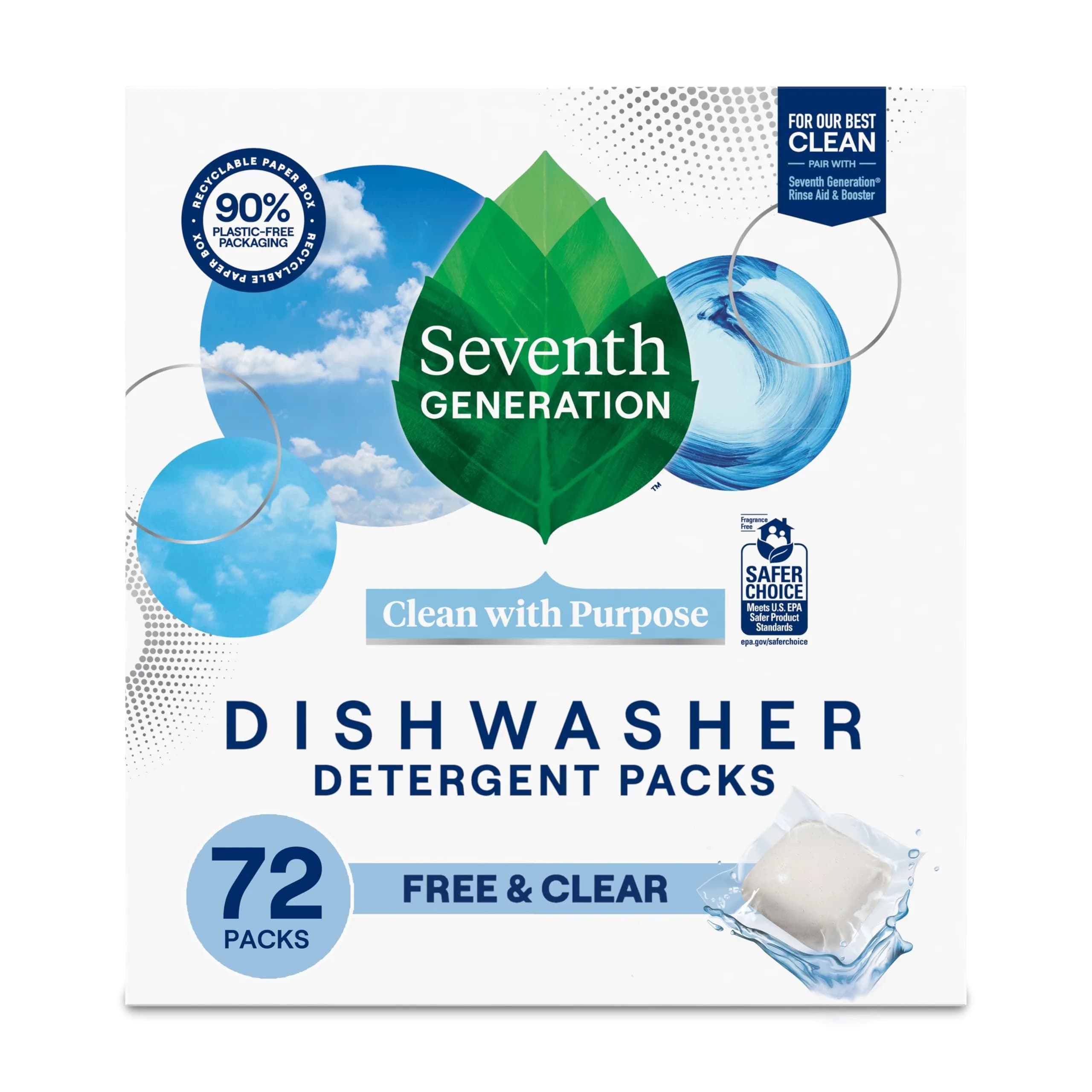 Seventh Generation Free & Clear Dishwasher Detergent Packs, 72 Count (72 Loads) | Plant Powered Cleaning - main product image