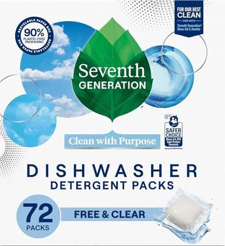 Seventh Generation Free & Clear Dishwasher Detergent Packs 72 Count (2.5 kg) | Plant-Powered Cleaning thumbnail 1