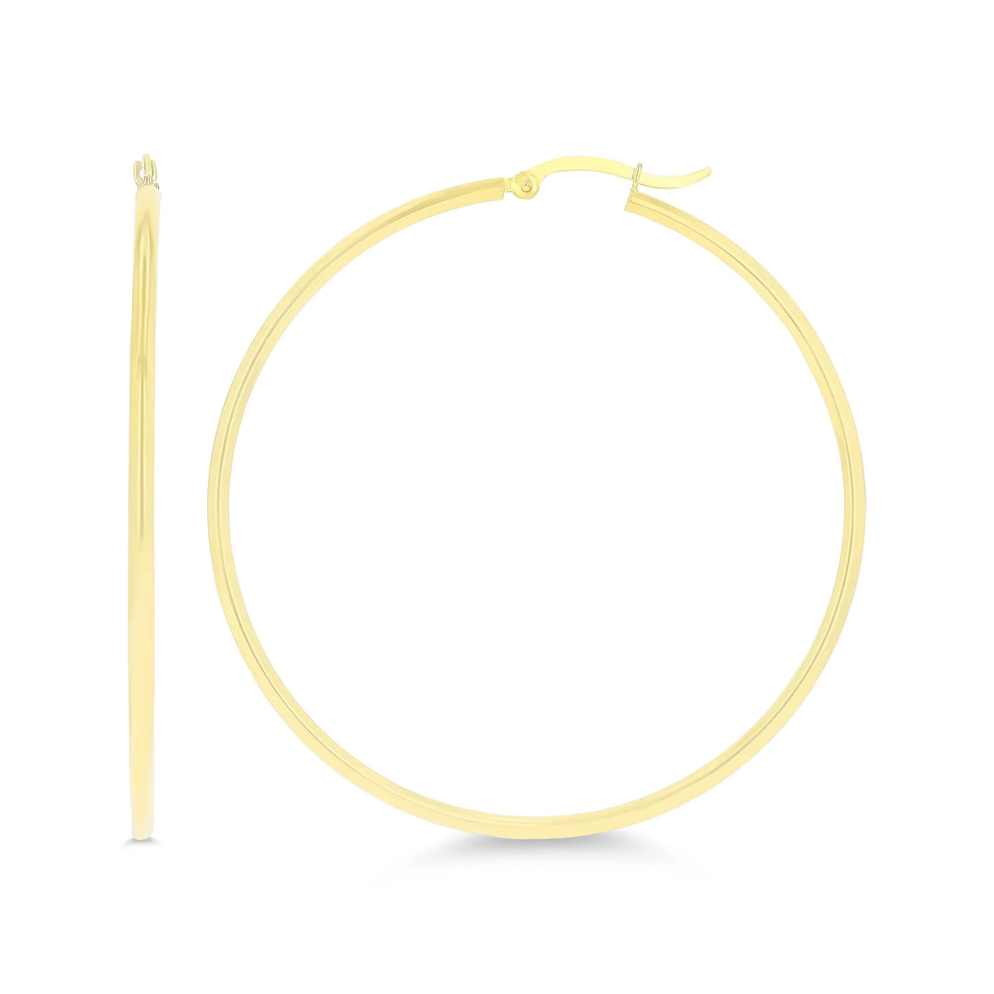 DECADENCE 14k Yellow Gold Solid 2mm Tube Hoop Earrings 55mm | Classic Polished Hoop — 55mm-(2.6 inch)