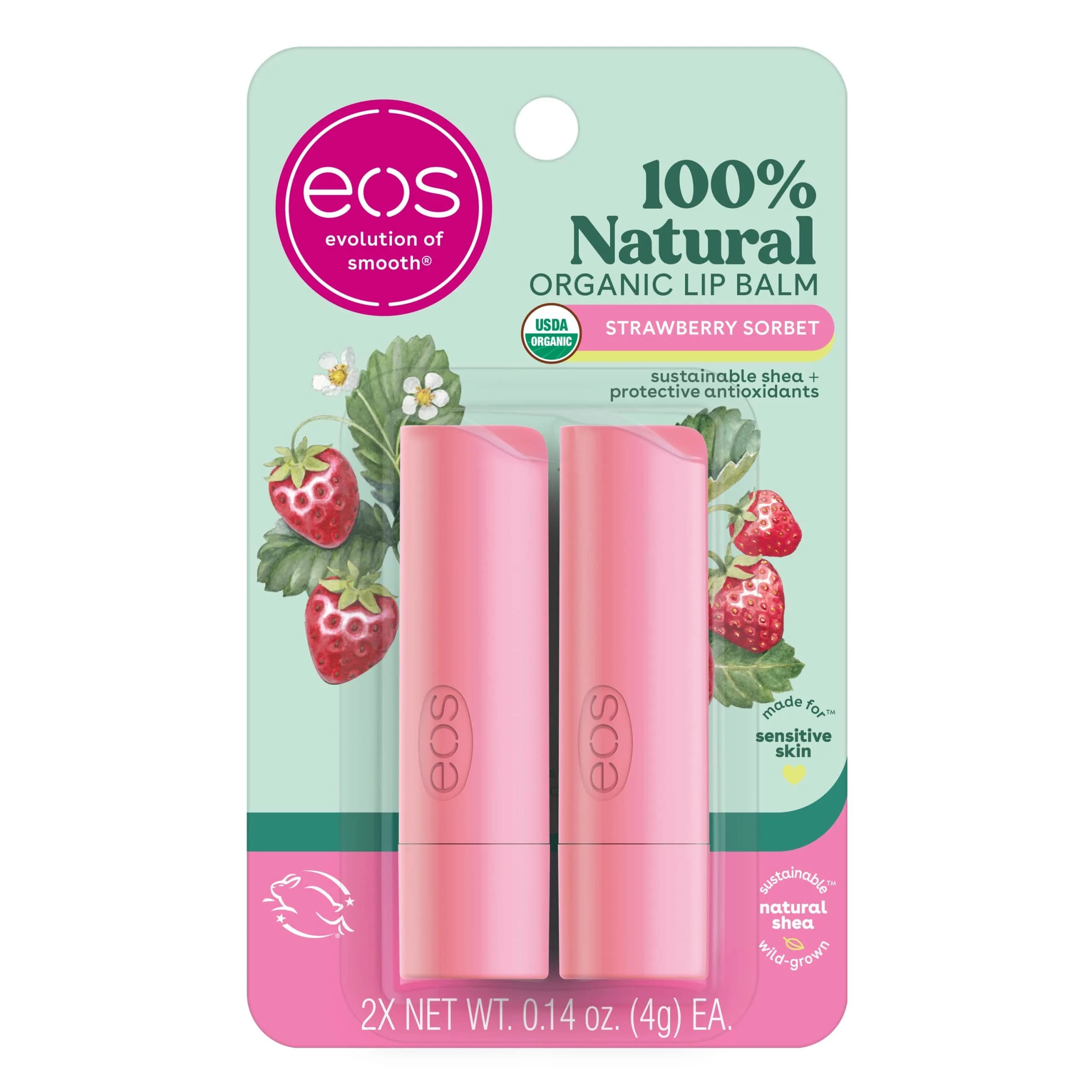 eos Strawberry Sorbet 100% Natural & Organic Lip Balm Sticks, 0.28 oz (7.9 g) | Dermatologist Recommended for Sensitive Skin - main product image