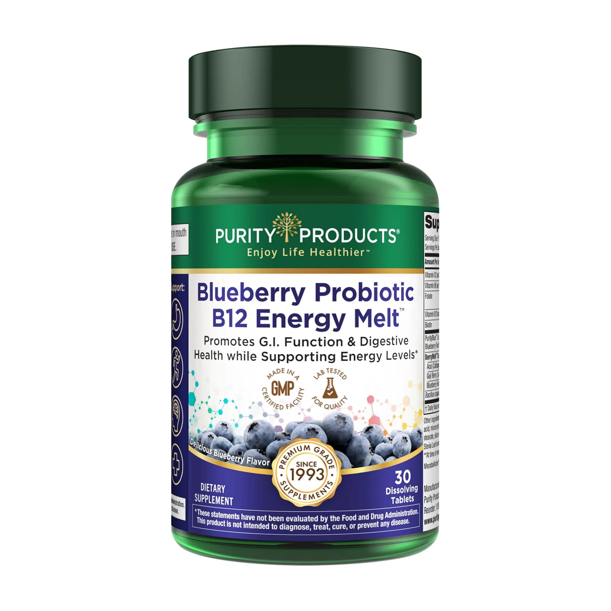 Purity Products Blueberry Probiotic B12 Energy Melt 30 Tablets | Supports Energy & Digestive Health