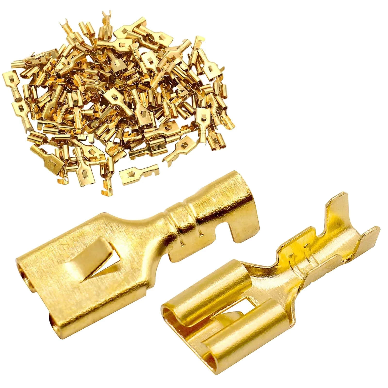 Baomain 100-Pack 6.3mm Female Spade Connectors Non-Insulated | Copper, 18-16 AWG, Heavy-Duty for Automotive & DIY