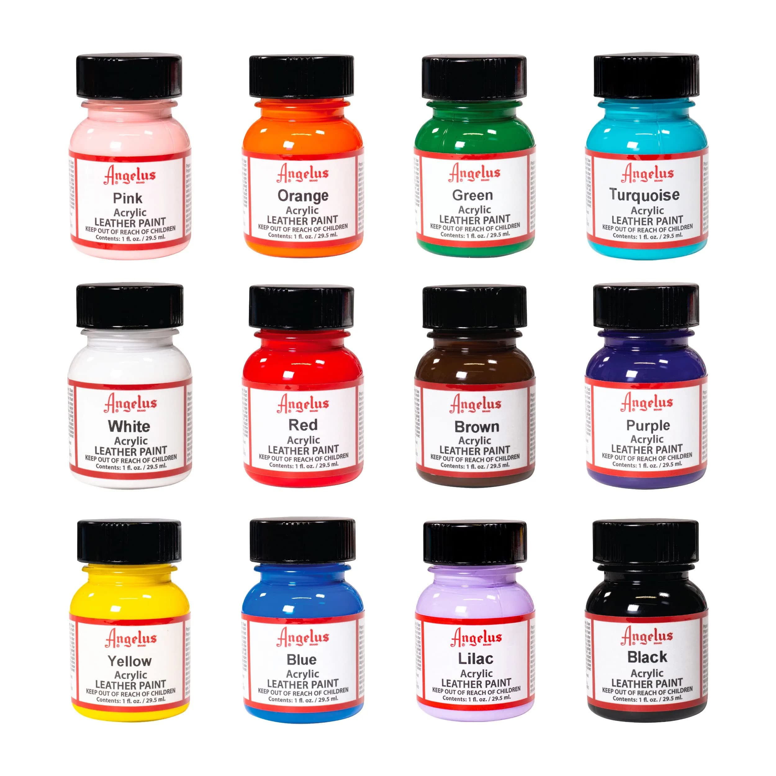 Angelus Acrylic Leather Paint Best Sellers Kit 12 Colors (1 oz Each) | Flexible Paint for Shoes, Sneakers, Furniture