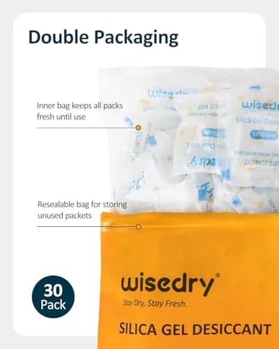 wisedry Color Indicating Silica Gel Desiccant Packets 10g (0.35 oz) - 30 Count | Reusable Moisture Absorbers for Food Grade Storage thumbnail 5