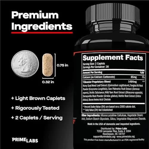 Prime Labs Testosterone Booster for Men, Supports Strength & Stamina | 60 Caplets thumbnail 3