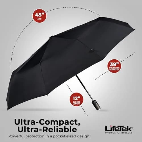 LifeTek Traveler 45 FX1 Windproof Travel Umbrella | Compact, Auto Open/Close, UV & Rain Protection, Lightweight & Durable, Fits in Purse or Backpack, Black thumbnail 6