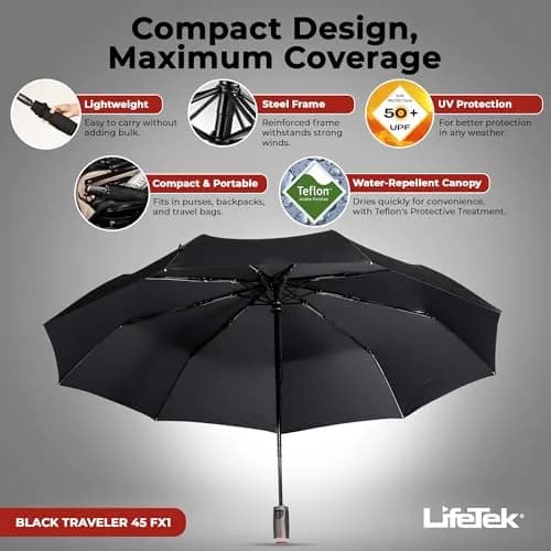 LifeTek Traveler 45 FX1 Windproof Travel Umbrella | Compact, Auto Open/Close, UV & Rain Protection, Lightweight & Durable, Fits in Purse or Backpack, Black thumbnail 3