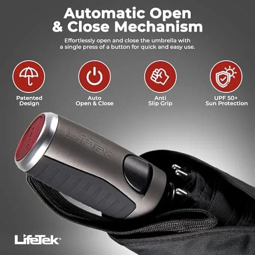 LifeTek Traveler 45 FX1 Windproof Travel Umbrella | Compact, Auto Open/Close, UV & Rain Protection, Lightweight & Durable, Fits in Purse or Backpack, Black thumbnail 4