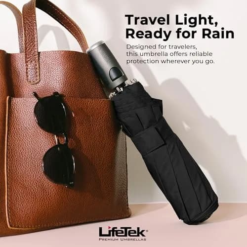 LifeTek Traveler 45 FX1 Windproof Travel Umbrella | Compact, Auto Open/Close, UV & Rain Protection, Lightweight & Durable, Fits in Purse or Backpack, Black thumbnail 5