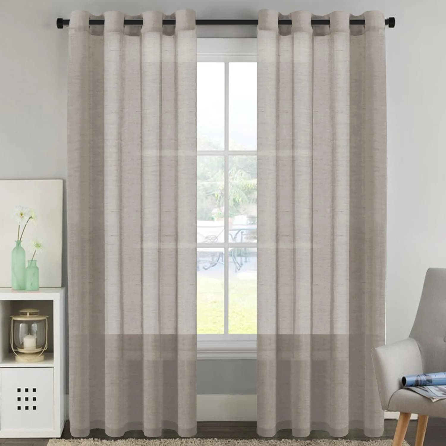 H.VERSAILTEX Taupe Linen Sheer Curtains 96" 2 Panels Grommet | Elegant Linen Sheer for Living & Bedroom