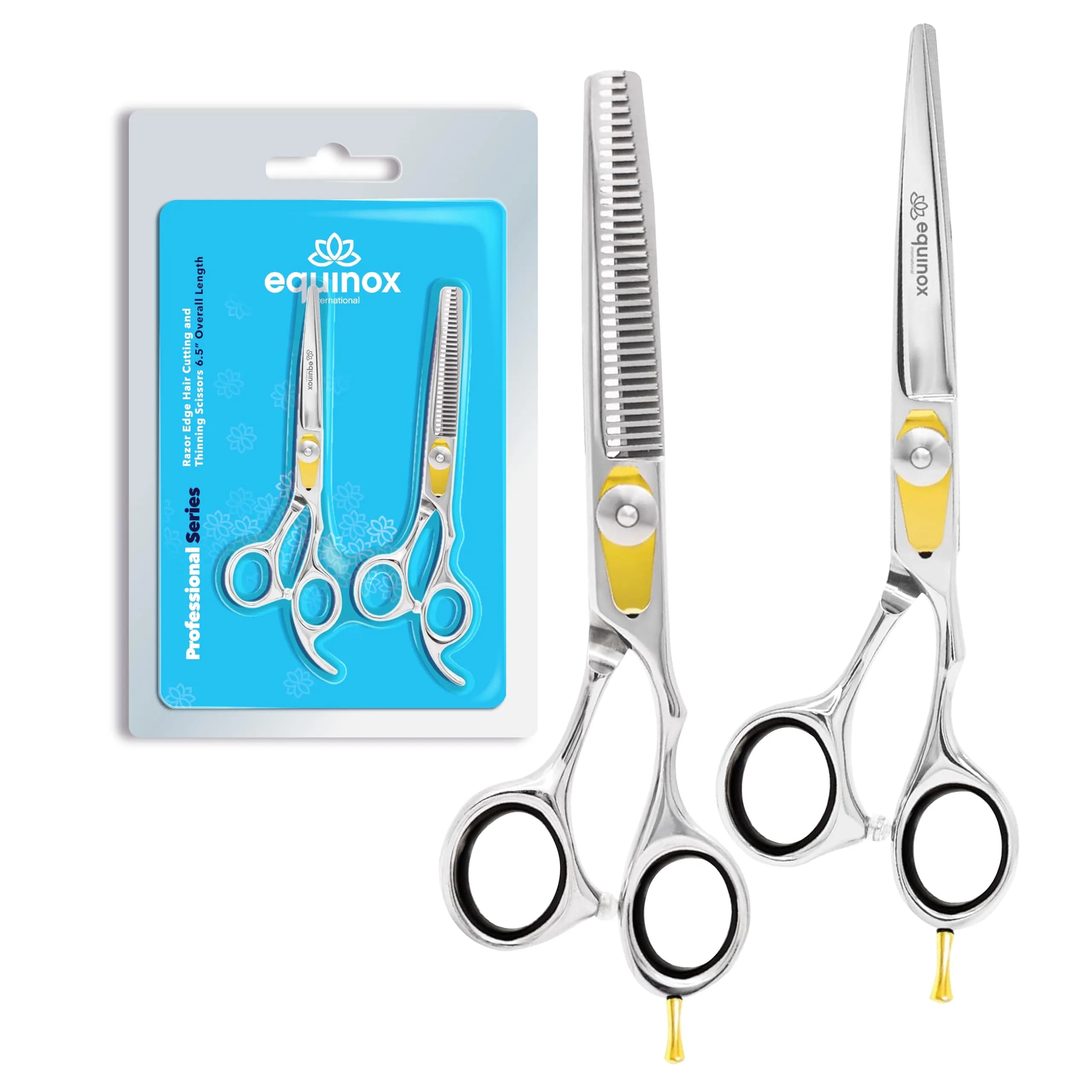 Equinox International 6.0" Barber Hair Cutting Shears | Japanese Stainless Steel, Ergonomic Grip — Silver Black Thinning / 6.5 Inch
