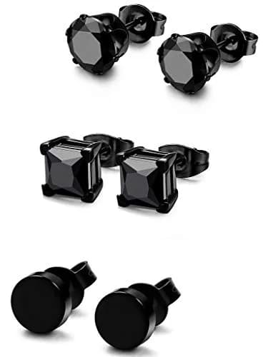 FIBO STEEL Stainless Steel Black Earrings Set for Men Women | Minimalist, Hypoallergenic, 3 Pairs thumbnail 1