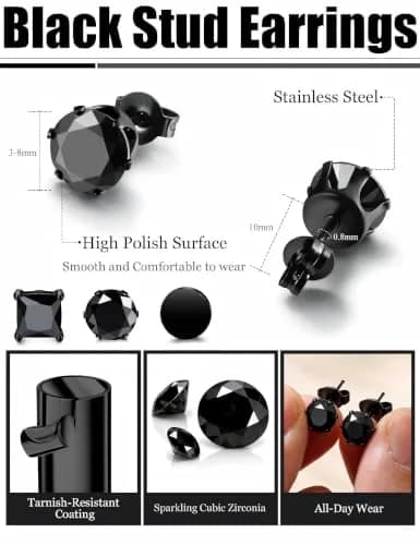 FIBO STEEL Stainless Steel Black Earrings Set for Men Women | Minimalist, Hypoallergenic, 3 Pairs thumbnail 5