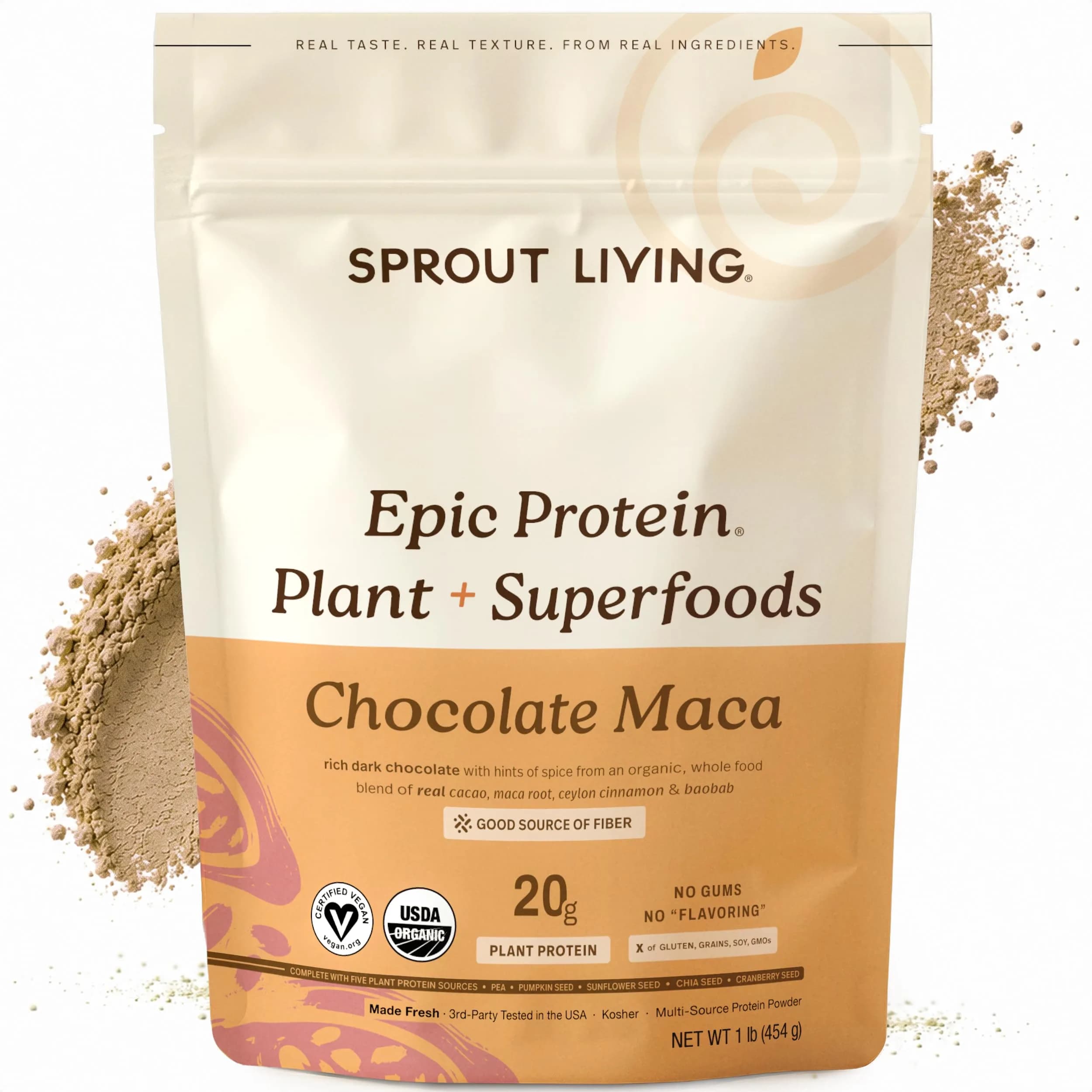 Sprout Living Epic Protein Plant Based Protein & Superfoods Powder, Chocolate Maca | 20g Organic Vegan, Gluten Free, Low Sugar (1 Pound, 12 Servings)