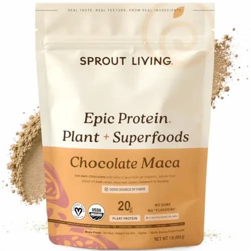 Sprout Living Epic Protein Plant Based Protein & Superfoods Powder, Chocolate Maca | 20g Organic Vegan, Gluten Free, Low Sugar (1 Pound, 12 Servings) thumbnail 1
