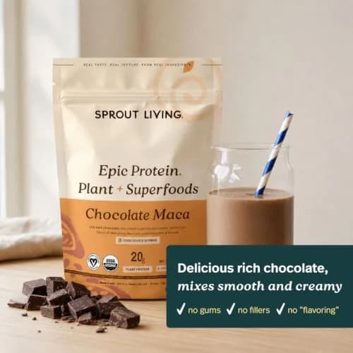 Sprout Living Epic Protein Plant Based Protein & Superfoods Powder, Chocolate Maca | 20g Organic Vegan, Gluten Free, Low Sugar (1 Pound, 12 Servings) thumbnail 5