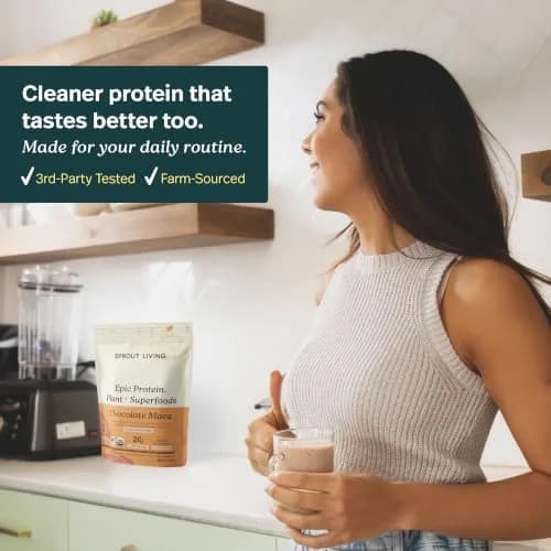 Sprout Living Epic Protein Plant Based Protein & Superfoods Powder, Chocolate Maca | 20g Organic Vegan, Gluten Free, Low Sugar (1 Pound, 12 Servings) thumbnail 3
