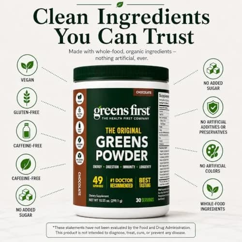 Greens First Original Greens Powder, Chocolate, 10.55oz | 49 Superfoods & Probiotics for Daily Wellness thumbnail 4