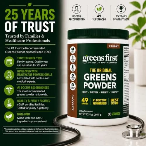 Greens First Original Greens Powder, Chocolate, 10.55oz | 49 Superfoods & Probiotics for Daily Wellness thumbnail 6