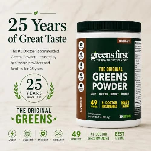 Greens First Original Greens Powder, Chocolate, 10.55oz | 49 Superfoods & Probiotics for Daily Wellness thumbnail 7