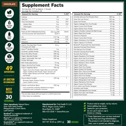Greens First Original Greens Powder, Chocolate, 10.55oz | 49 Superfoods & Probiotics for Daily Wellness thumbnail 2
