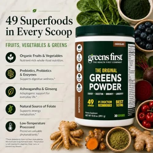 Greens First Original Greens Powder, Chocolate, 10.55oz | 49 Superfoods & Probiotics for Daily Wellness thumbnail 3