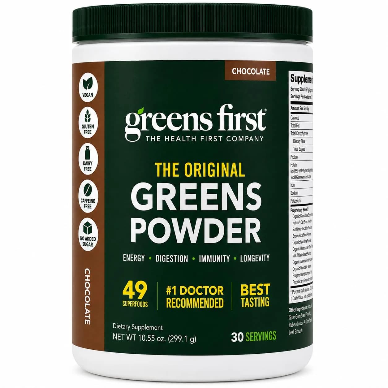 Greens First Original Greens Powder, Chocolate, 10.55oz | 49 Superfoods & Probiotics for Daily Wellness - main product image