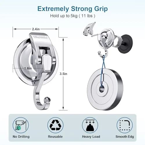 iRomic Heavy Duty Vacuum Suction Cup Hooks (2-Pack, Silver) | Damage-Free Wall Mount Organization thumbnail 3