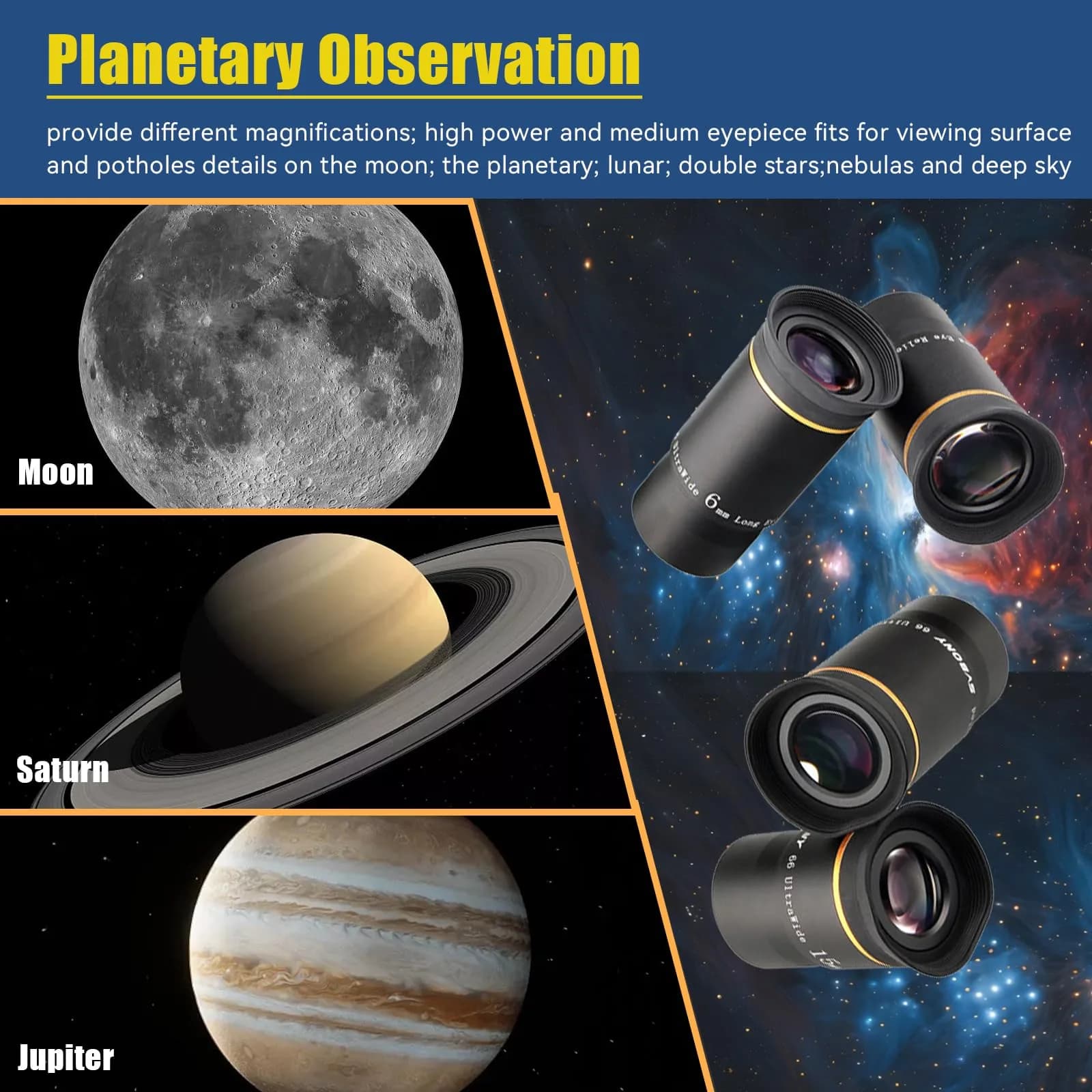 SVBONY 66 Degree Ultra Wide Angle Telescope Eyepiece Set 1.25 inch | 6mm, 9mm, 15mm, 20mm Focal Lengths, Fully Multi Coated Optics - view 6