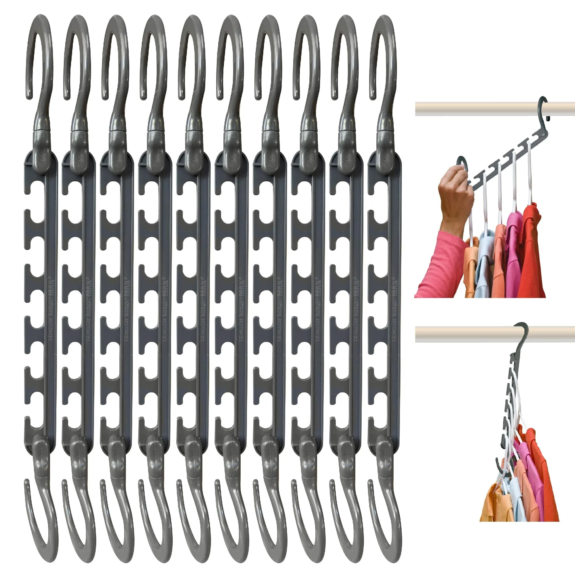 Wonder Hanger Max Space Saving Closet Hangers, 10-Pack, 360° Swivel, Grey | Heavy-Duty, Neat & Wrinkle-Free Organization
