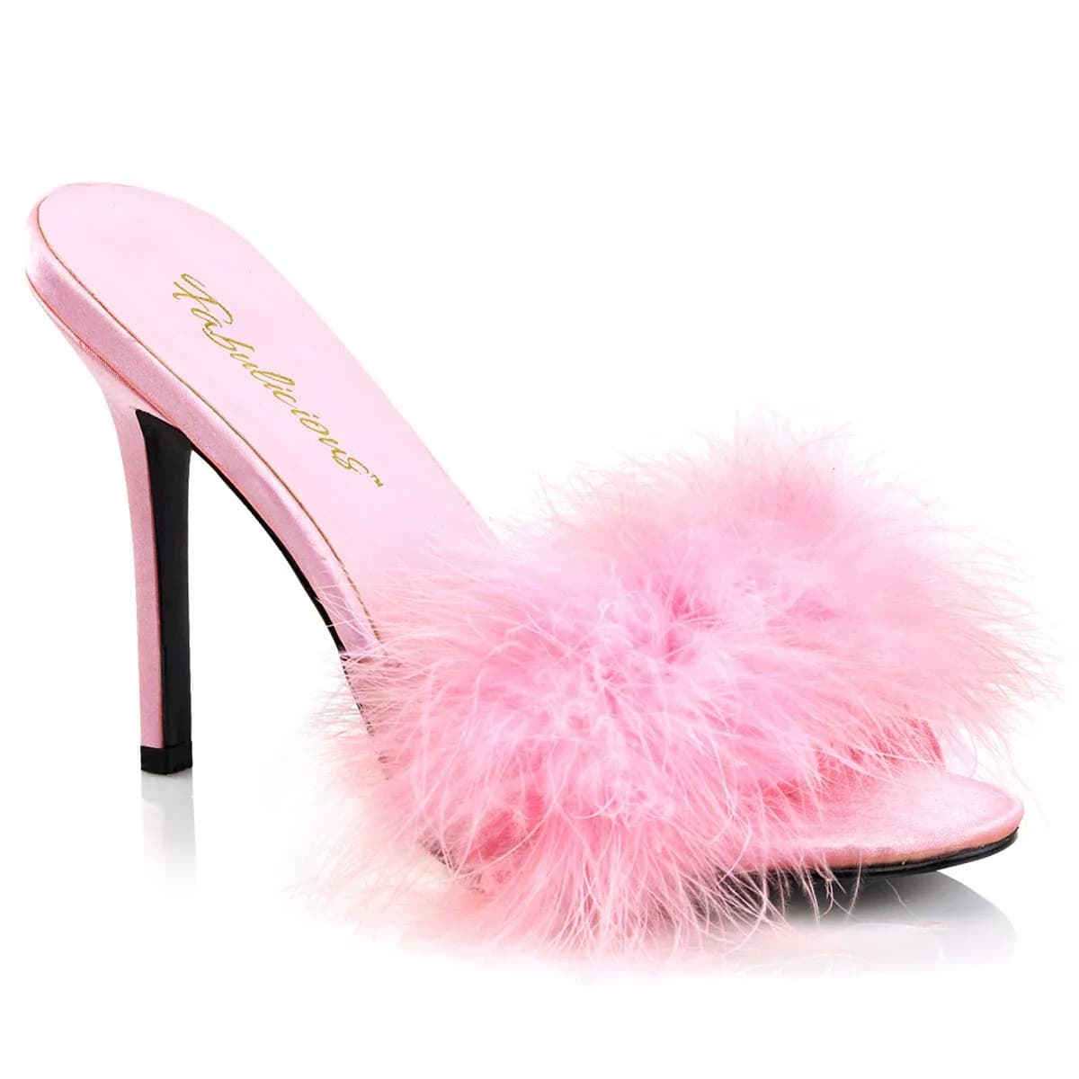 Fabulicious Women's Classique-01F Marabou Slipper | 4" Heel, Pink PU, Open Toe (7 US) — Baby Pink Pu-fur