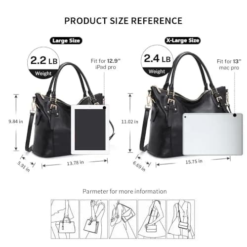 Kattee Leather Tote Handbag for Women, Large Satchel Purse, Black | Waxed Cowhide Leather, Spacious & Stylish thumbnail 4
