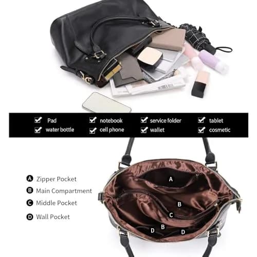 Kattee Leather Tote Handbag for Women, Large Satchel Purse, Black | Waxed Cowhide Leather, Spacious & Stylish thumbnail 5