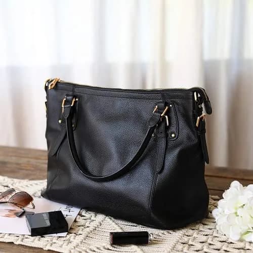 Kattee Leather Tote Handbag for Women, Large Satchel Purse, Black | Waxed Cowhide Leather, Spacious & Stylish thumbnail 3