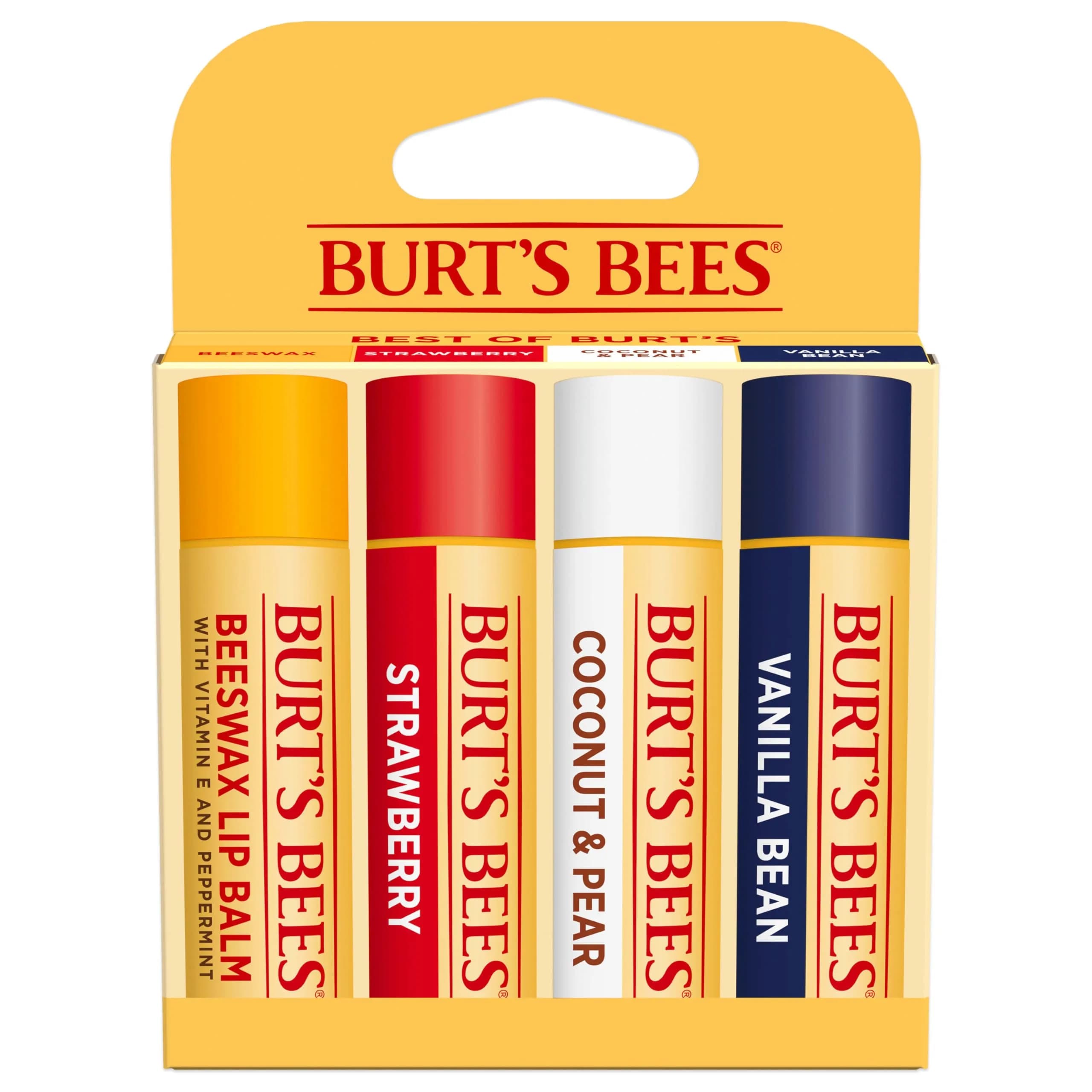 Burt's Bees Lip Balm 4-Pack | Beeswax, Strawberry, Coconut & Pear, Vanilla Bean Flavors | 0.6 oz (17g) Total
