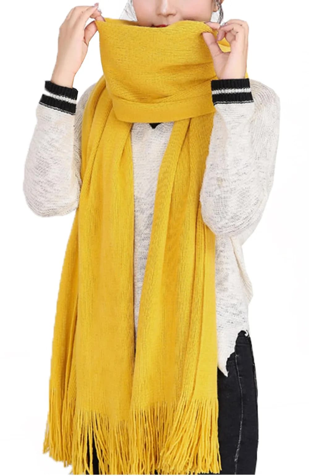 Wander Agio Women's Warm Long Scarves Winter Scarfs Faux Wool Pure Color Scarf Tassel Yellow | Very Warm & Large