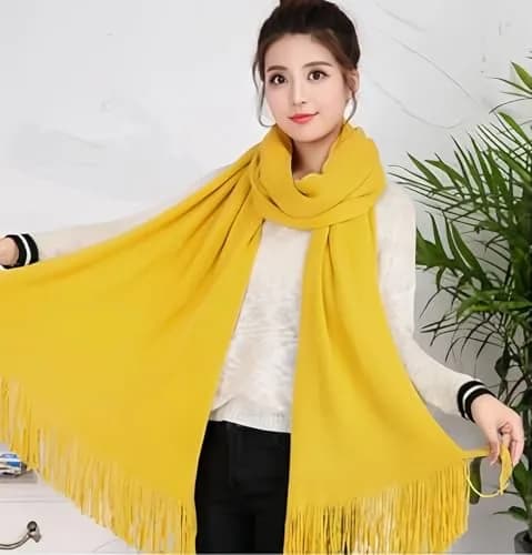 Wander Agio Women's Warm Long Scarves Winter Scarfs Faux Wool Pure Color Scarf Tassel Yellow | Very Warm & Large thumbnail 2