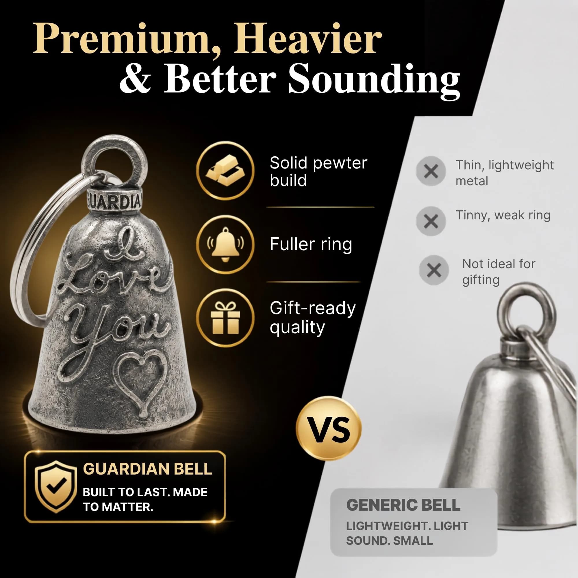 Guardian Bell The Original Good Luck Bell w/Keyring & Black Velvet Gift Bag | Motorcycle Bell | Lead-Free Pewter | Good Luck Gift to Friends & Family | Bike Bell | Made in USA - view 5