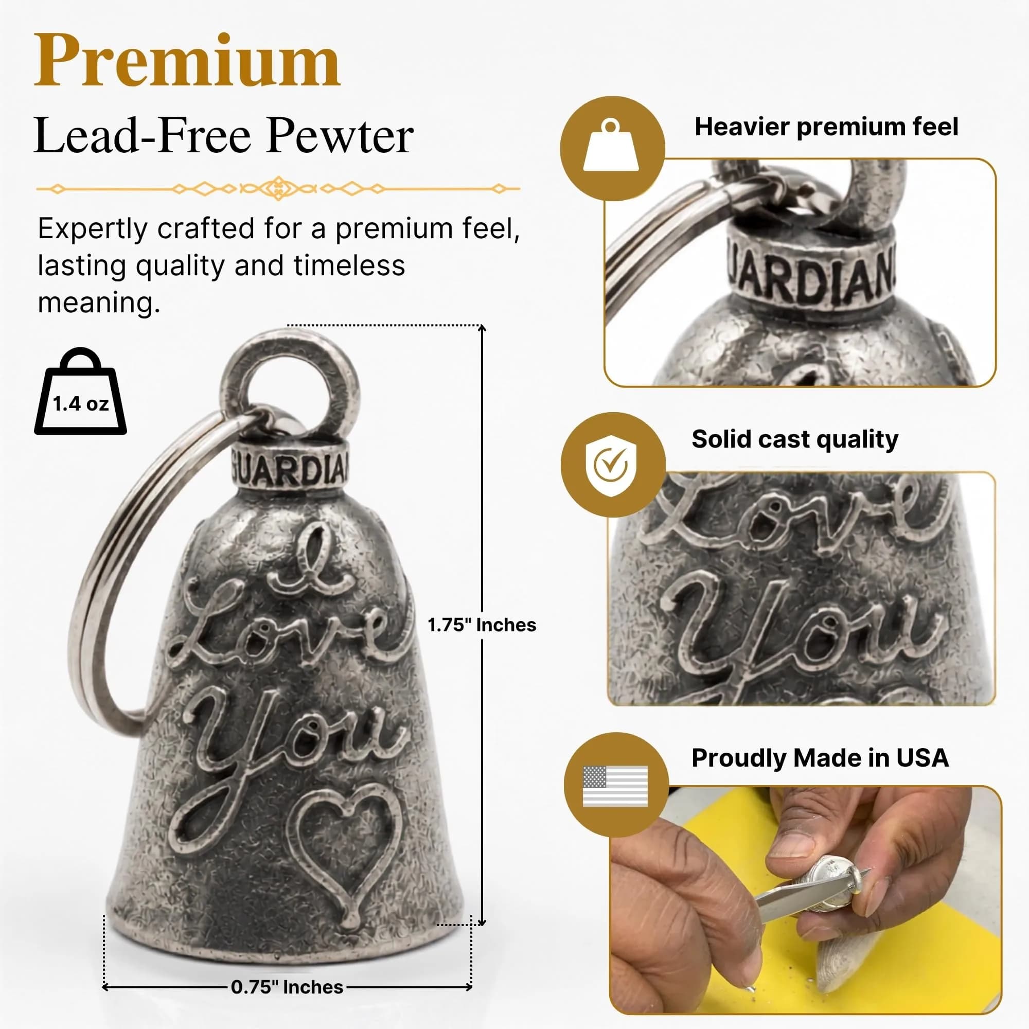 Guardian Bell The Original Good Luck Bell w/Keyring & Black Velvet Gift Bag | Motorcycle Bell | Lead-Free Pewter | Good Luck Gift to Friends & Family | Bike Bell | Made in USA - view 4