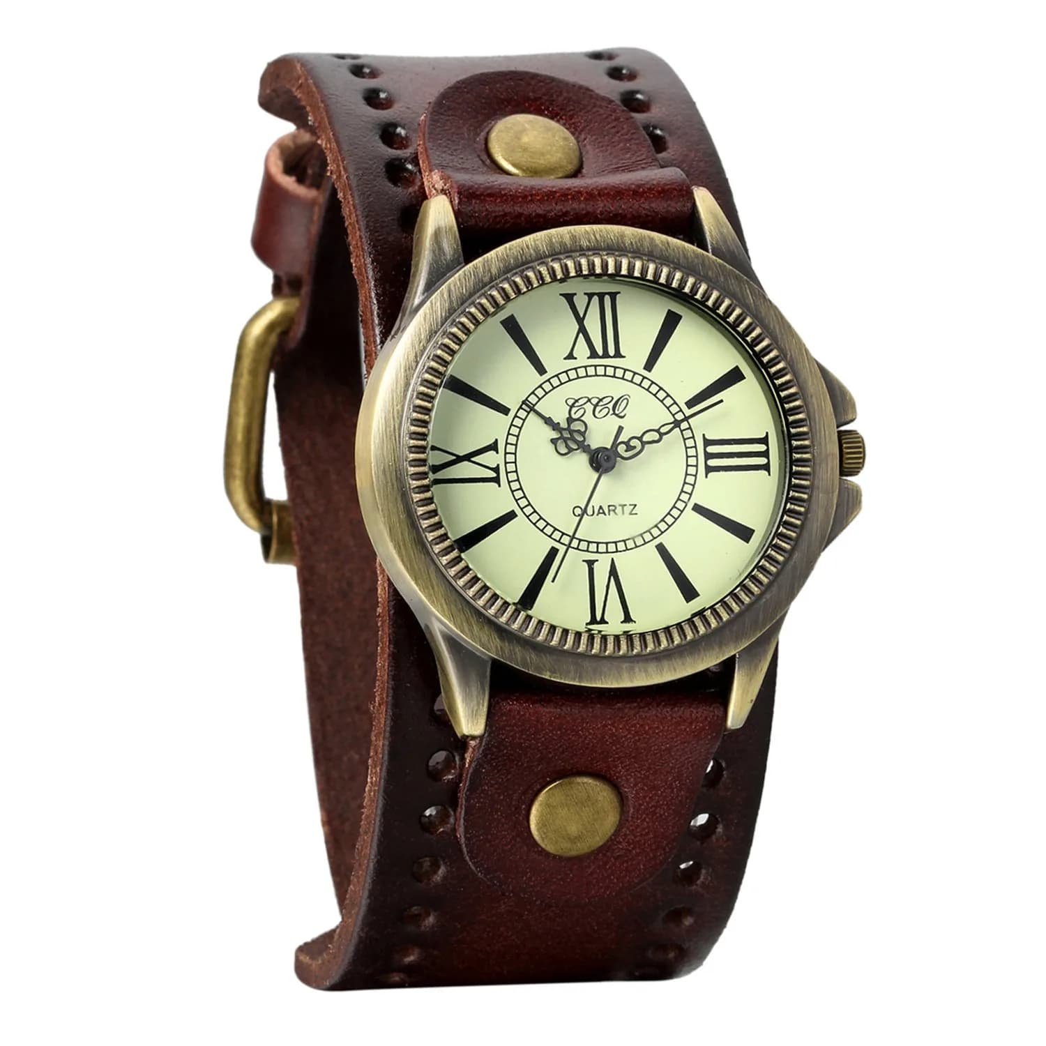 Avaner Vintage Bronze Leather Watch | Retro Steampunk Wide Cuff Analog Quartz Wrist Watch for Men & Women (38mm Case, Brown) - main product image