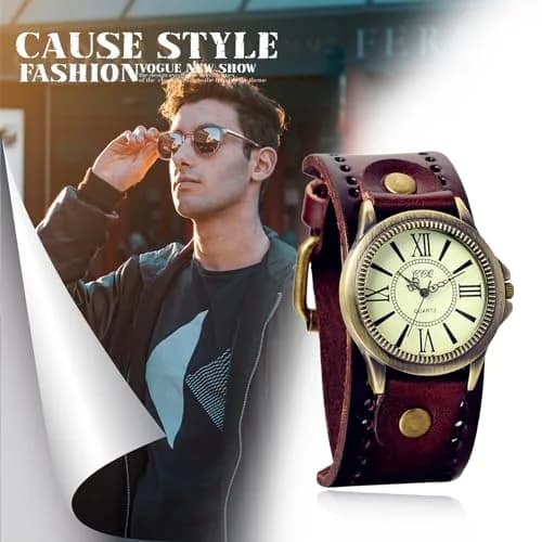 Avaner Vintage Bronze Leather Watch | Retro Steampunk Wide Cuff Analog Quartz Wrist Watch for Men & Women (38mm Case, Brown) thumbnail 4