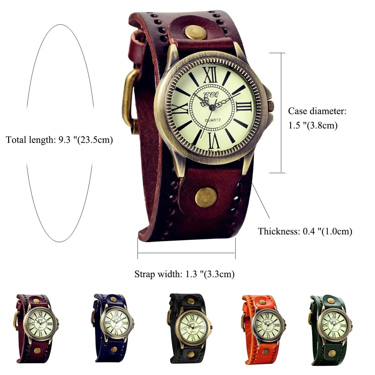 Avaner Vintage Bronze Leather Watch | Retro Steampunk Wide Cuff Analog Quartz Wrist Watch for Men & Women (38mm Case, Brown) - view 6