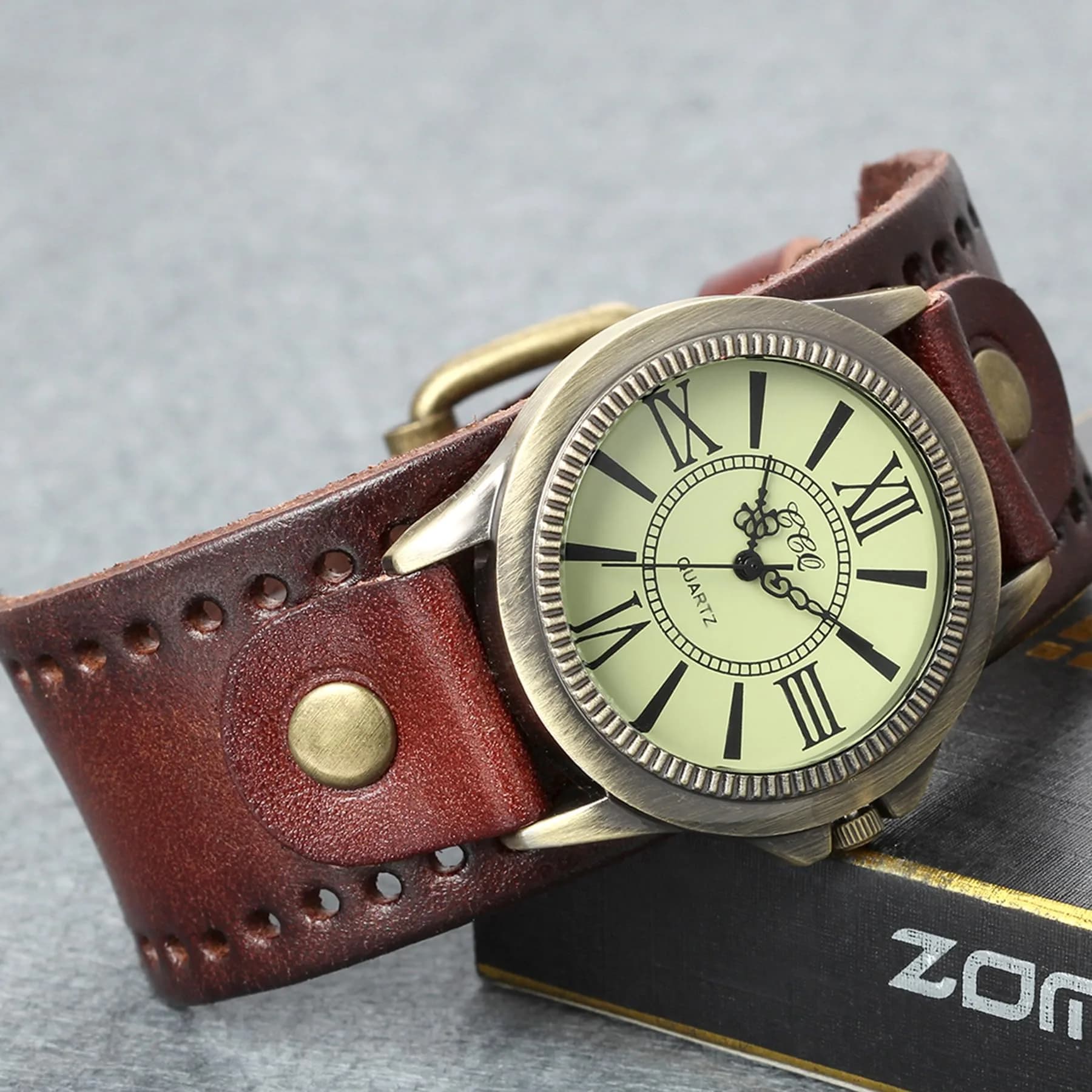 Avaner Vintage Bronze Leather Watch | Retro Steampunk Wide Cuff Analog Quartz Wrist Watch for Men & Women (38mm Case, Brown) - view 2