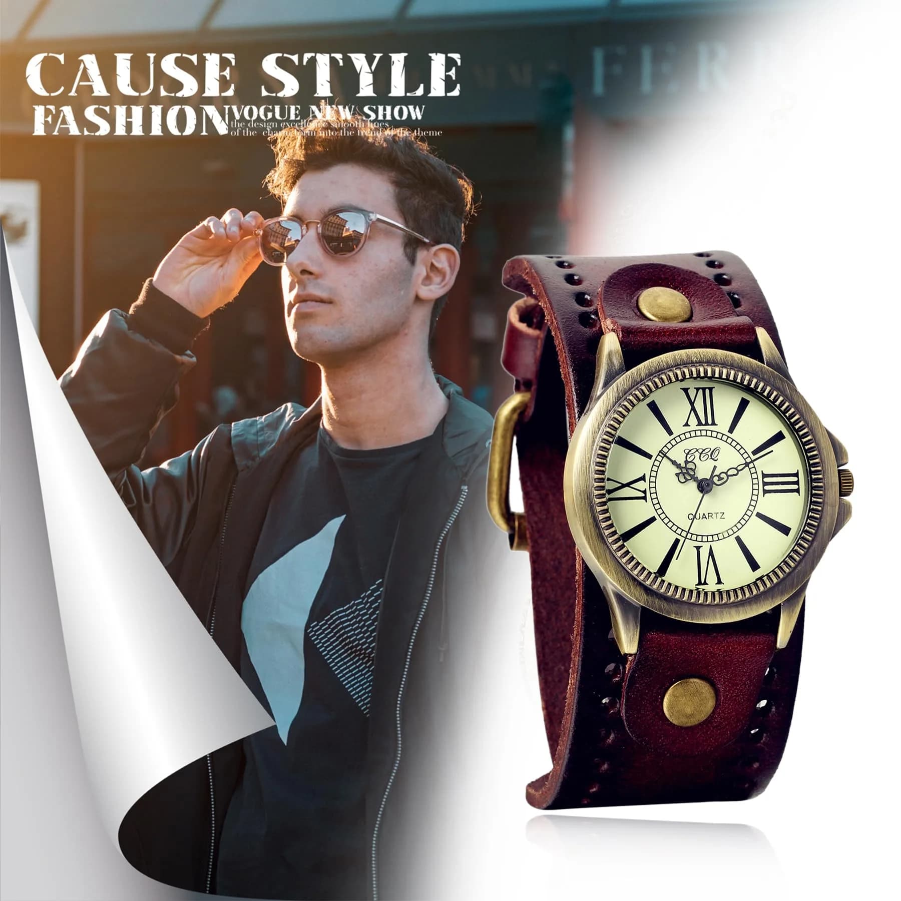 Avaner Vintage Bronze Leather Watch | Retro Steampunk Wide Cuff Analog Quartz Wrist Watch for Men & Women (38mm Case, Brown) - view 4