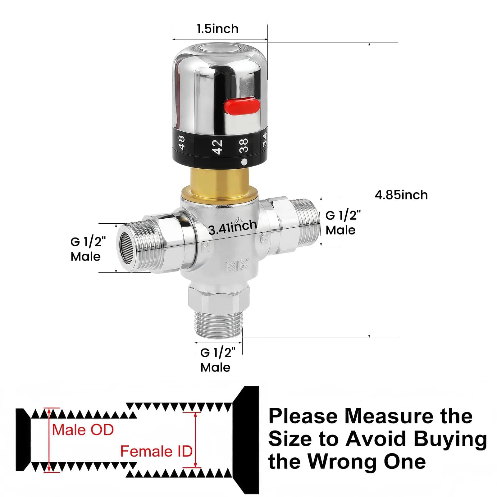 Fyeer Thermostatic Mixing Valve DN15 G1/2" Brass with Plastic Knob | Temperature Control Anti Scald - view 6